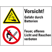 Kombischild mit Symbolen Vorsicht! Gefahr durch Batterien..., Folie,200x150mm