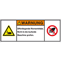 Produktsicherh.schild Warnung Offenliegende Riemen, RoHS konform, Folie,100x35mm