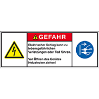 Produktsicherheitsschild Gefahr-Elektrischer Schlag, RoHS konform, Folie,100x35mm