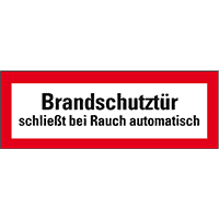 Feuerwehrschild Brandschutztür schließt bei Rauch automatisch, Folie, 297x105mm