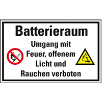 Hinweisschild Batterieraum, Umgang mit Feuer..., Folie, selbstkl., 300x200mm