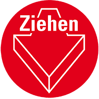 Türhinweis Ziehen mit Pfeil, rot, Folie, selbstklebend, Ø 100mm
