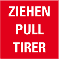Türhinweis Ziehen, dreisprachig, rot/weiß, Folie, selbstklebend, 80x80mm