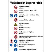 Hinweisschild Verhalten im Lagerbereich, Piktos ISO7010, Kunststoff,200x300mm