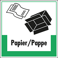 Abfallkennzeichen Papier/Pappe, mit Symbol und Text, Folie, selbstklebend,200x200mm