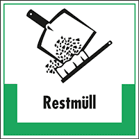 Abfallkennzeichen Restmüll, mit Symbol und Text, Folie, selbstklebend, 200x200mm