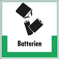 Abfallkennzeichen Batterien, mit Symbol und Text, Folie, selbstklebend,200x200mm