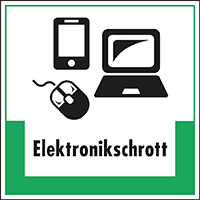 Abfallkennzeichen Elektronikschrott, mit Symbol und Text, Kunststoff, 200x200mm
