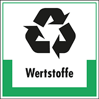 Abfallkennzeichen Wertstoffe, mit Symbol und Text, Folie, selbstklebend,200x200mm