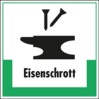 Abfallkennzeichen Eisenschrott, mit Symbol und Text, Kunststoff, 200x200mm