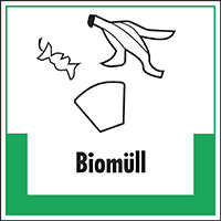 Abfallkennzeichen Biomüll, mit Symbol und Text, Folie, selbstklebend, 200x200mm