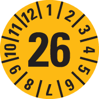 Prüfplakette 26, gelb, Dokumentenfolie, Ø 20mm, 180/Heft