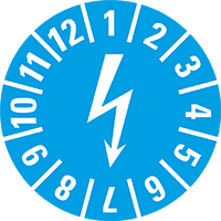 Prüfplakette mit Blitzpfeil, hellblau, Dokufolie, selbstklebend, Ø15mm,60/Bogen
