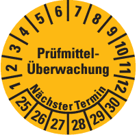 Prüfplakette Prüfmitteltelü.Nä.Termin 25-30, gelb, Dokumentenfolie, Ø 20mm,36/Bogen