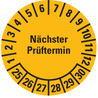 Prüfplakette Nächster Prüftermin 25-30, gelb, Dokumentenfolie, Ø 25mm, 105/Heft