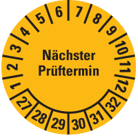 Prüfplakette Nächster Prüftermin, 27-32, gelb, Folie, ablösbar, Ø 15mm, 60/Bogen