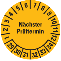 Prüfplakette Nächster Prüftermin, 29-34, gelb, Folie, ablösbar, Ø 15mm, 60/Bogen