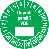 Prüfplakette Geprüft gemäß VDE 25-30, grün, Dokumentenfolie, Ø 25mm, 500/Rolle