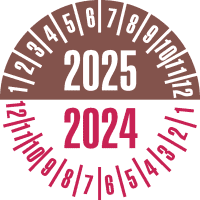 Prüfplakette 2025/2024, braun/rot, Dokumentenfolie, Ø 25mm, 21/Bogen