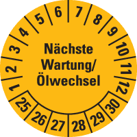 Prüfplakette Nächste Wartung/Ölwechsel 25-30, gelb, Dokumentenfolie, Ø30mm,18/Bogen