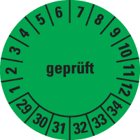 Prüfplakette geprüft 29-34, grün, Folie, ablösbar, Ø 20mm, 36/Bogen