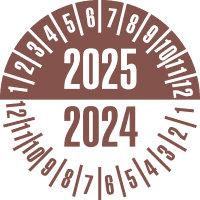 Prüfplakette 2025/2024, braun/weiß, Dokufolie, selbstklebend, Ø35mm,10/Bogen