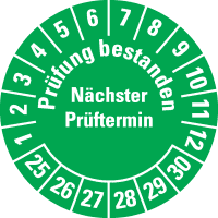 Prüfplakette Prüfung bestanden Nä.Prüft.25-30, grün, Dokufolie, Ø 30mm, 18/Bogen
