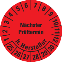 Prüfplakette Nä.Prüft.lt.Hersteller,25-30, rot, Dokumentenfolie, Ø30mm,18/Bogen