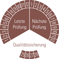 Prüfplakette Qualitätssicherung 25-28, braun, Dokumentenfolie, Ø30mm,18/Bogen