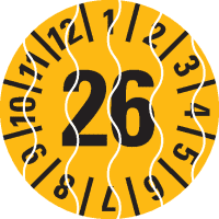 Prüfplakette 26, gelb, Sicherheitsfolie, selbstklebend, Ø 15mm, 60/Bogen