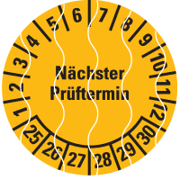 Prüfplakette Nächster Prüftermin 25-30, gelb, Sicherheitsfolie, Ø 30mm, 18/Bogen
