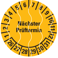 Prüfplakette Nächster Prüftermin 26-31, gelb, Sicherheitsfolie, Ø 20mm, 36/Bogen
