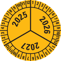 Prüfplakette 2025-2027, gelb, Dokumentenfolie, selbstklebend, Ø 40mm, 10/Bogen
