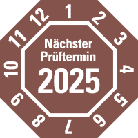 Prüfplakette Nä.Prüftermin 2025,8-eckig, braun, Dokufolie,30x30mm,18/Bogen
