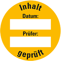 Prüfplakette Inhalt geprüft, gelb, Folie, ablösbar, Ø 30mm, 18/Bogen