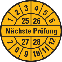 Prüfplakette Nächste Prüfung 25-28, gelb, Dokumentenfolie, Ø 30mm, 18/Bogen