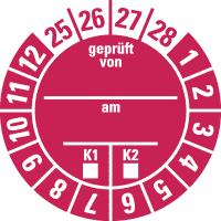 Prüfplakette geprüft von...am...K1 K2 25-28, rot, Dokumentenfolie, Ø 30mm,18/Bogen