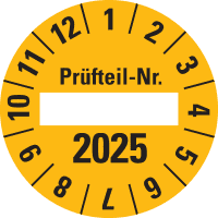 Prüfplakette 2025 Prüfteil-Nr., gelb, Folie, ablösbar, Ø 40mm, 10/Bogen