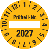 Prüfplakette 2027 Prüfteil-Nr., gelb, Folie, ablösbar, Ø 40mm, 10/Bogen