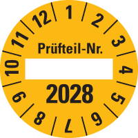 Prüfplakette 2028 Prüfteil-Nr., gelb, Folie, ablösbar, Ø 40mm, 10/Bogen