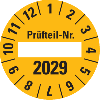 Prüfplakette 2029 Prüfteil-Nr., gelb, Folie, ablösbar, Ø 40mm, 10/Bogen