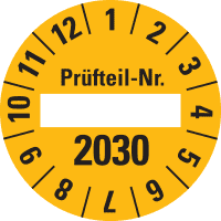 Prüfplakette 2030 Prüfteil-Nr., gelb, Folie, ablösbar, Ø 40mm, 10/Bogen