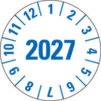 Prüfplakette 2027, weiß, Folie, m.Spezialkleber, Oberflächenschutz, Ø 25mm, 21/Bogen