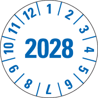 Prüfplakette 2028, weiß, Folie, m.Spezialkleber, Oberflächenschutz, Ø 25mm, 21/Bogen