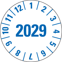 Prüfplakette 2029, weiß, Folie, m.Spezialkleber, Oberflächenschutz, Ø 25mm, 21/Bogen
