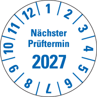 Prüfpl.Nä.Prüftermin 2027, weiß, Folie, mit Spezialkleber, Ø 35mm, 10/Bogen