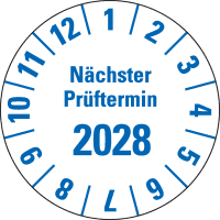 Prüfpl.Nä.Prüftermin 2028, weiß, Folie, mit Spezialkleber, Ø 35mm, 10/Bogen