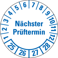 Prüfpl.Nä.Prüftermin 25-28, weiß, Folie, mit Spezialkleber, Ø 25mm, 21/Bogen