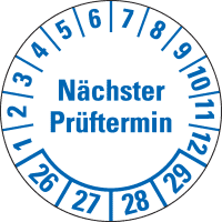Prüfpl.Nä.Prüftermin 26-29, weiß, Folie, mit Spezialkleber, Ø 25mm, 21/Bogen