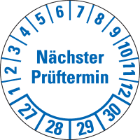 Prüfpl.Nä.Prüftermin 27-30, weiß, Folie, mit Spezialkleber, Ø 25mm, 21/Bogen